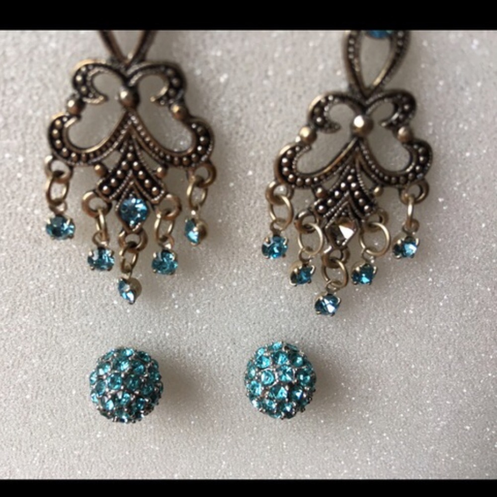 Turquoise Blue Rhinestones Earrings Bundle - Picture 2 of 3